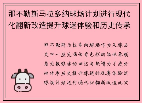 那不勒斯马拉多纳球场计划进行现代化翻新改造提升球迷体验和历史传承