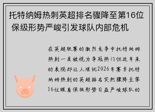 托特纳姆热刺英超排名骤降至第16位 保级形势严峻引发球队内部危机